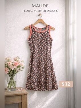 Maude Floral Summer Dress Size Small Black Pink Fit & Flare